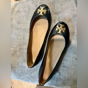 Tory Burch Black Flats with Gold Emblem